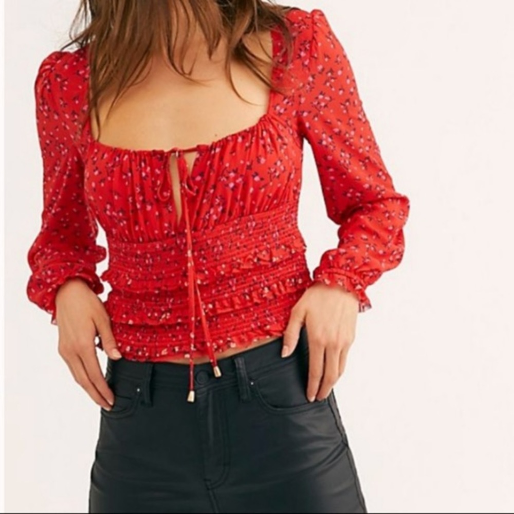 Free People Lolita Red Floral Ruffled Crop Top XL